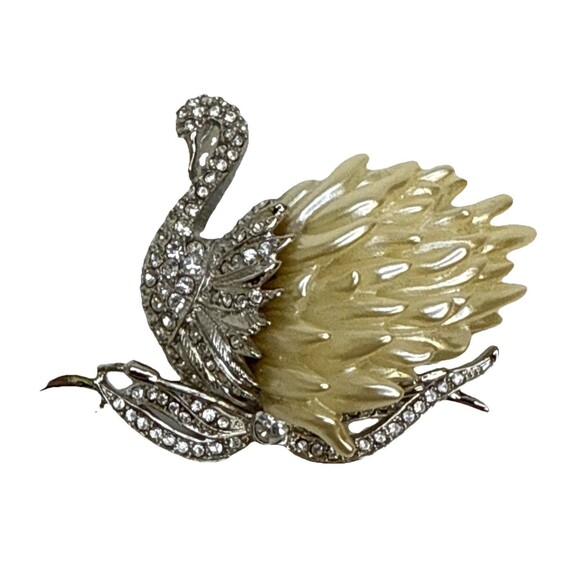 Nolan Miller Swan Brooch Faux Pearl Feathers Clear Rhinestone Body Silver Tone - Picture 1 of 12